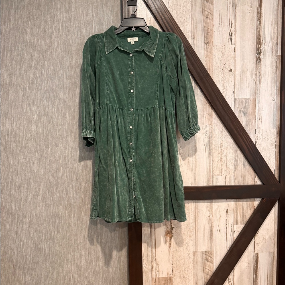 Umgee Green Button-Front Velvet Dress